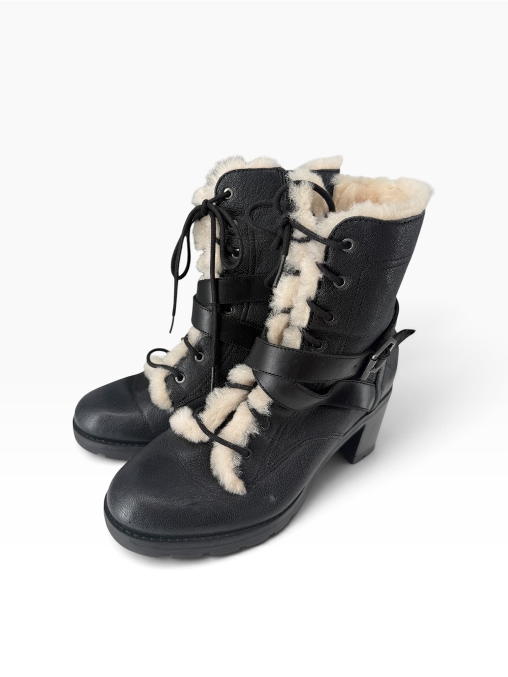 UGG Black Faux Shearling Lace-Up Ankle Boots Women’s 8 Winter Moto Sherpa